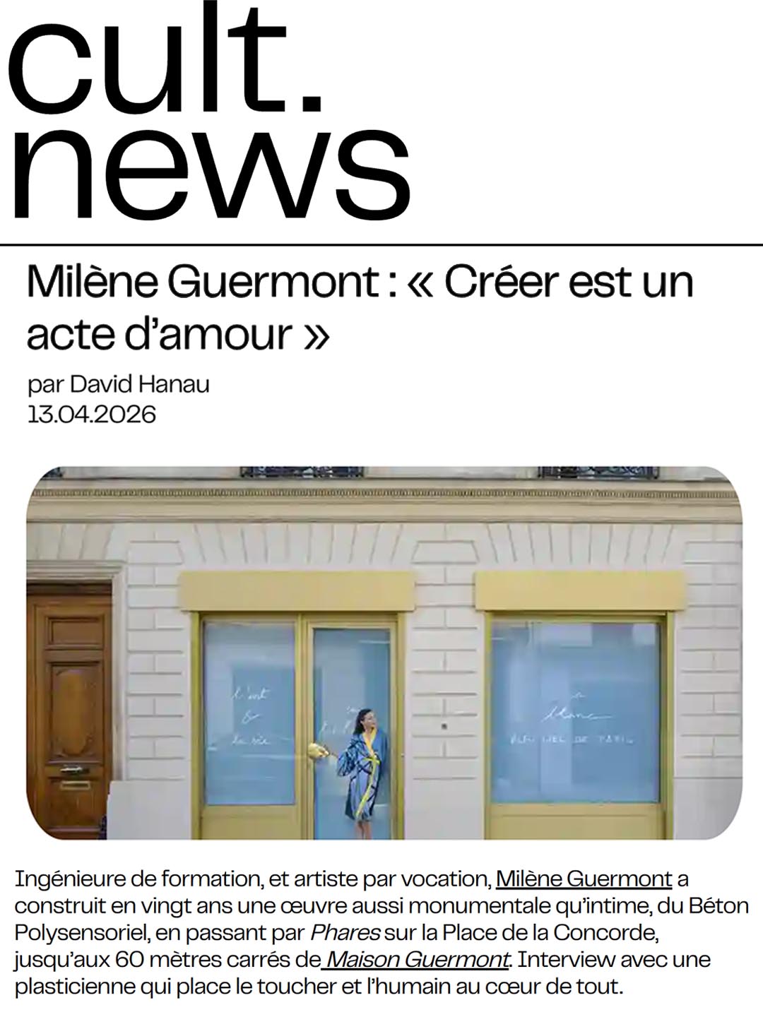Culture News — Créer est un acte d'amour — entretien avec Milène Guermont