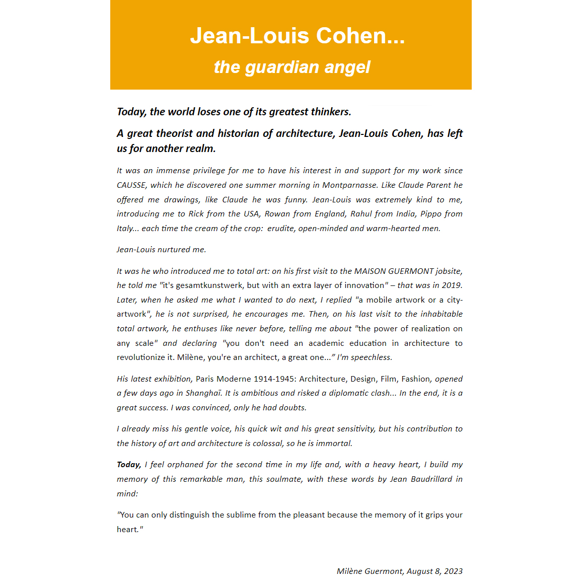 Lettre-homage to Jean-Louis Cohen by Milène Guermont